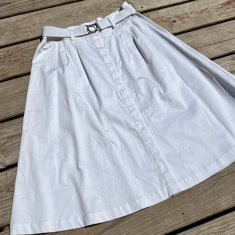 White midi button down skirt with elastic belt